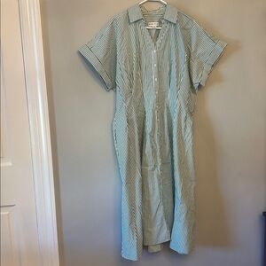 Ava & Viv Women's Short Sleeve Pleated Midi Shirtdress,Green Striped, Size XXL